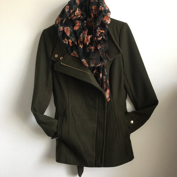 Express Olive Green military style Wool Coat with Gold hardwear, New, Size Small - Picture 10 of 11